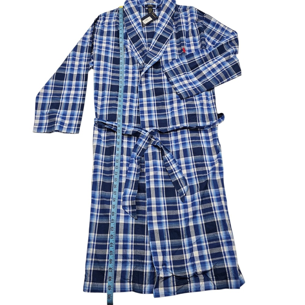 Polo Ralph Lauren Robe Mens S/M Blue White Plaid Cotton Shawl Collar Preppy NEW - Picture 4 of 8
